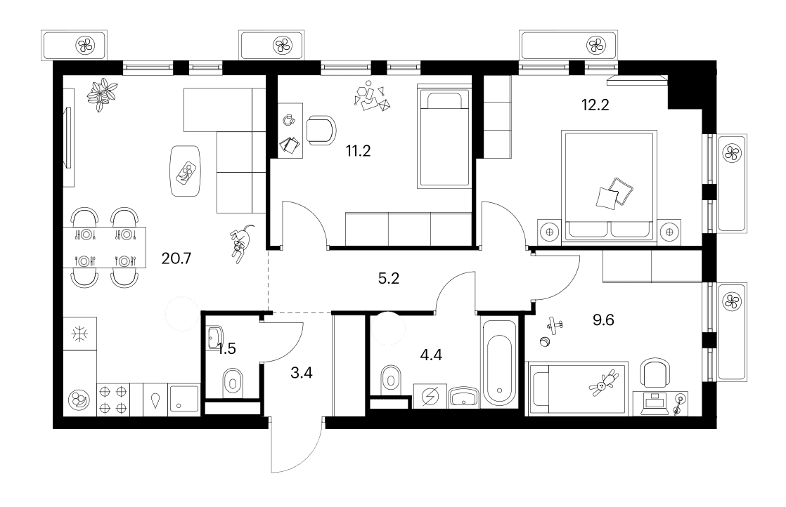 Планировка: 3-комнатная квартира 68,2 м² в ЖК «Белая Дача парк»