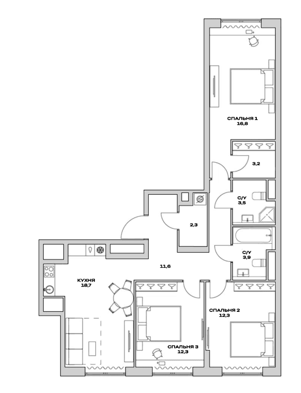 Планировка: Квартира евро-4 84,6 м² в ЖК «Детали»
