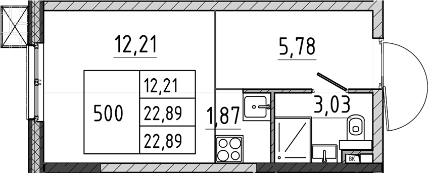 Планировка: Студия 22,9 м² в ЖК «Поварово-Молодежный-2»