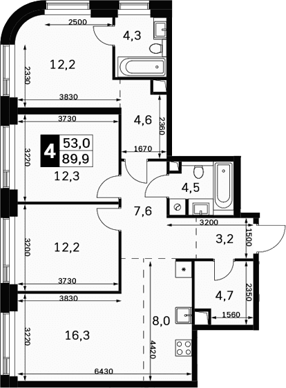 Планировка: Квартира евро-4 89,9 м² в ЖК «Амбер Сити»