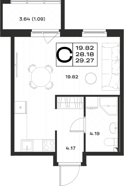 Планировка: Студия 28,2 м² в ЖК «Имена»