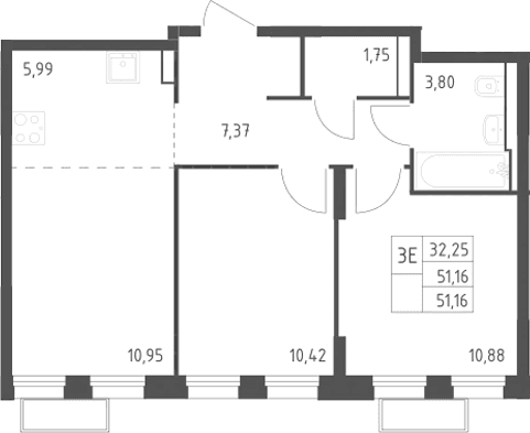 Планировка: Евротрёшка 51,2 м² в ЖК «Квартал Строгино»