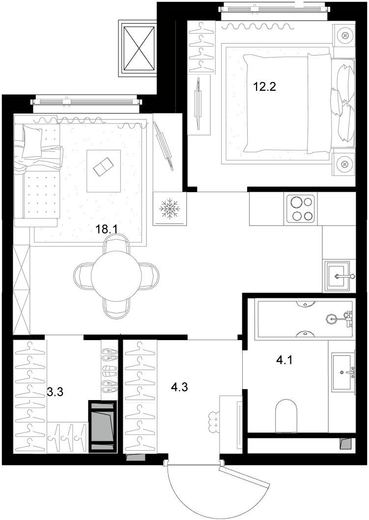 Планировка: 1-комнатная квартира 39,3 м² в ЖК «Дом МАЛЕВИЧ»