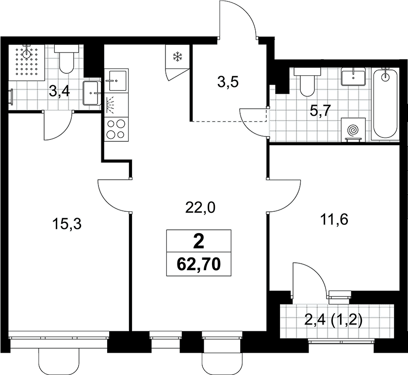 Планировка: Евротрёшка 61,5 м² в ЖК «Прокшино»