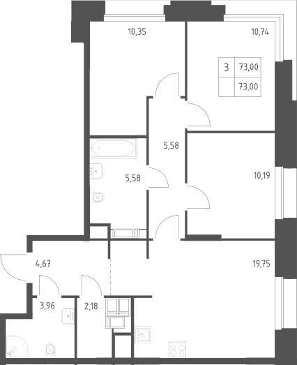 Планировка: 3-комнатная квартира 73 м² в ЖК «Тропарево Парк»