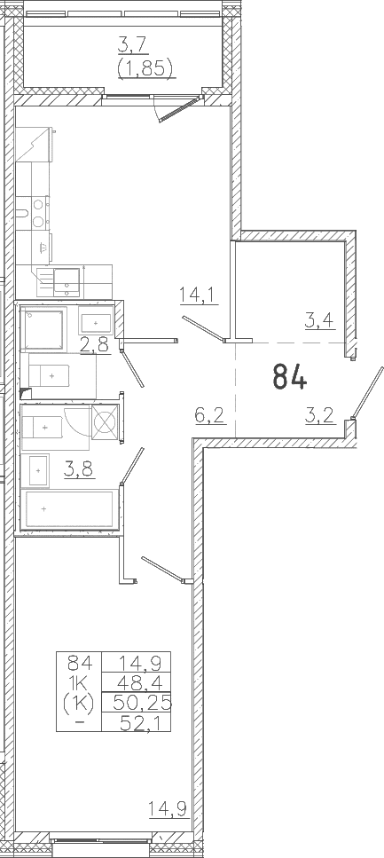 Планировка: 1-комнатная квартира 48,4 м² в ЖК «Лисино»