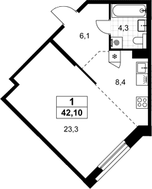 Планировка: 1-комнатная квартира 42,1 м² в ЖК «Хольм»