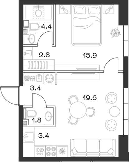 Планировка: Евродвушка 51,8 м² в ЖК «SHIFT»