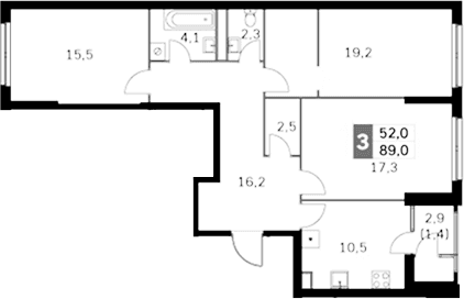 Планировка: 3-комнатная квартира 86,2 м² в ЖК «Скай Гарден»