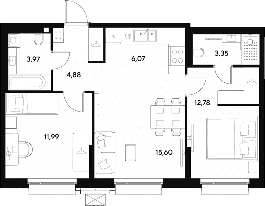 Планировка: Евротрёшка 58,6 м² в ЖК «ЭВО»