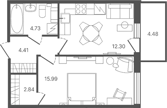 Планировка: 1-комнатная квартира 40,2 м² в ЖК «Рауни»
