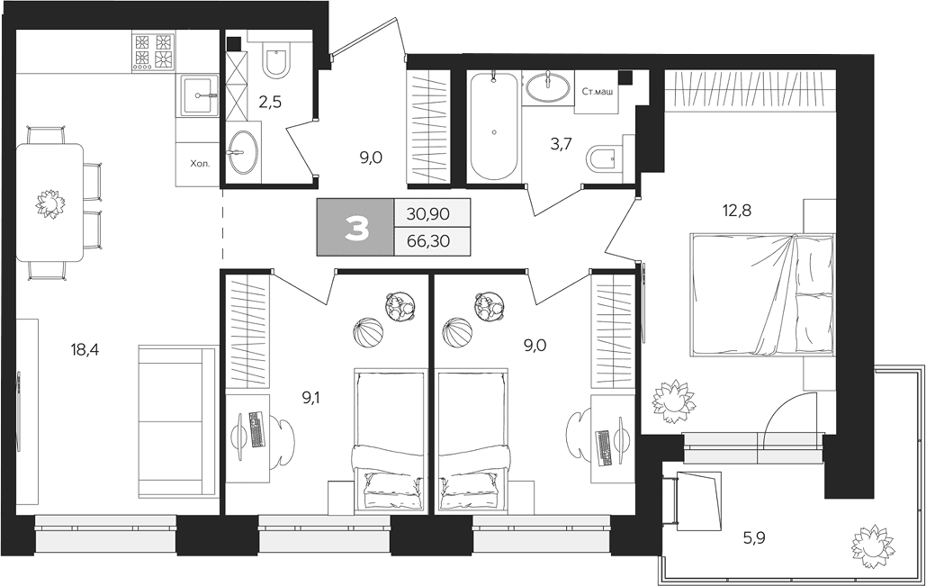 Планировка: 3-комнатная квартира 64,5 м² в ЖК «Ласточкино»