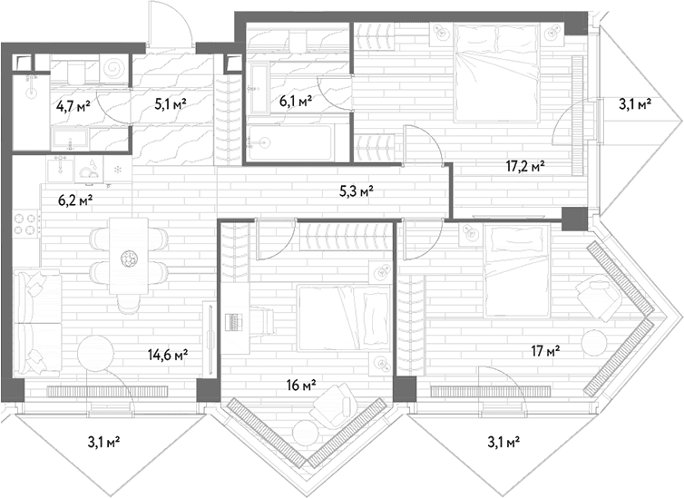 Планировка: Квартира евро-4 92,2 м² в ЖК «С5»