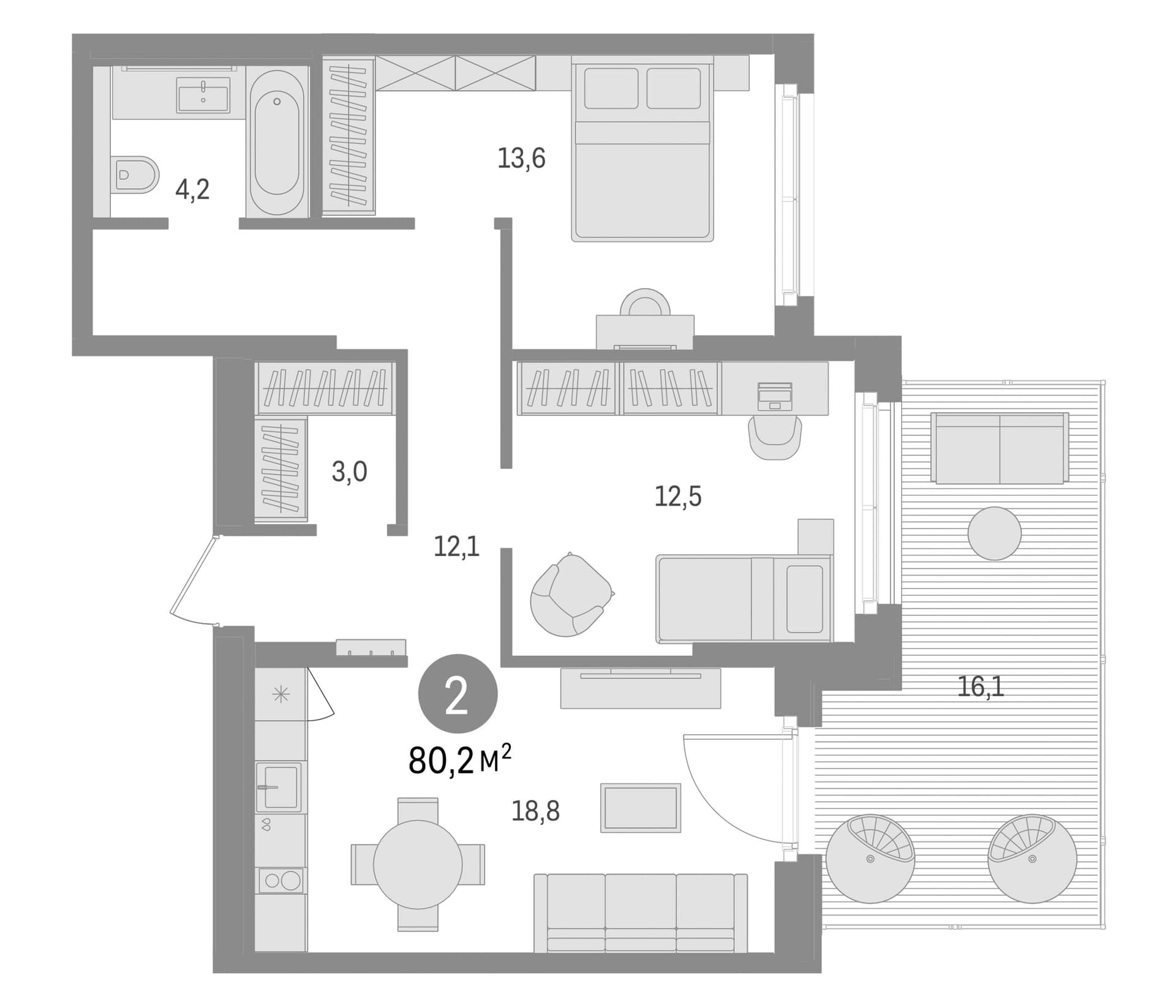 Планировка: Евротрёшка 64,1 м² в ЖК «Брусника в Новоселье»