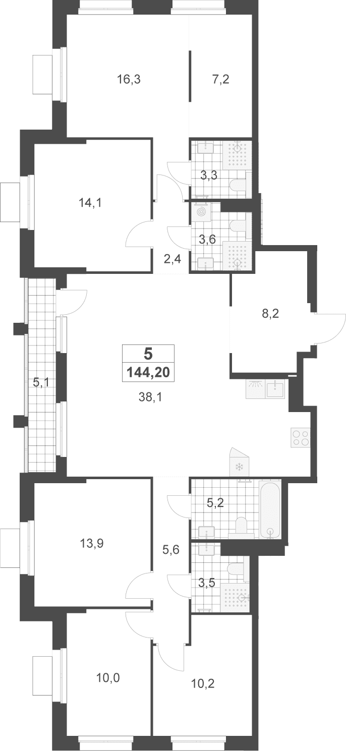 Планировка: 5-комнатная квартира 141,6 м² в ЖК «Деснаречье»
