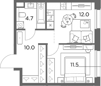 Планировка: 1-комнатная квартира 38,2 м² в ЖК «Станиславский»