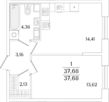 Планировка: Евродвушка 37,7 м² в ЖК «Кинопарк»