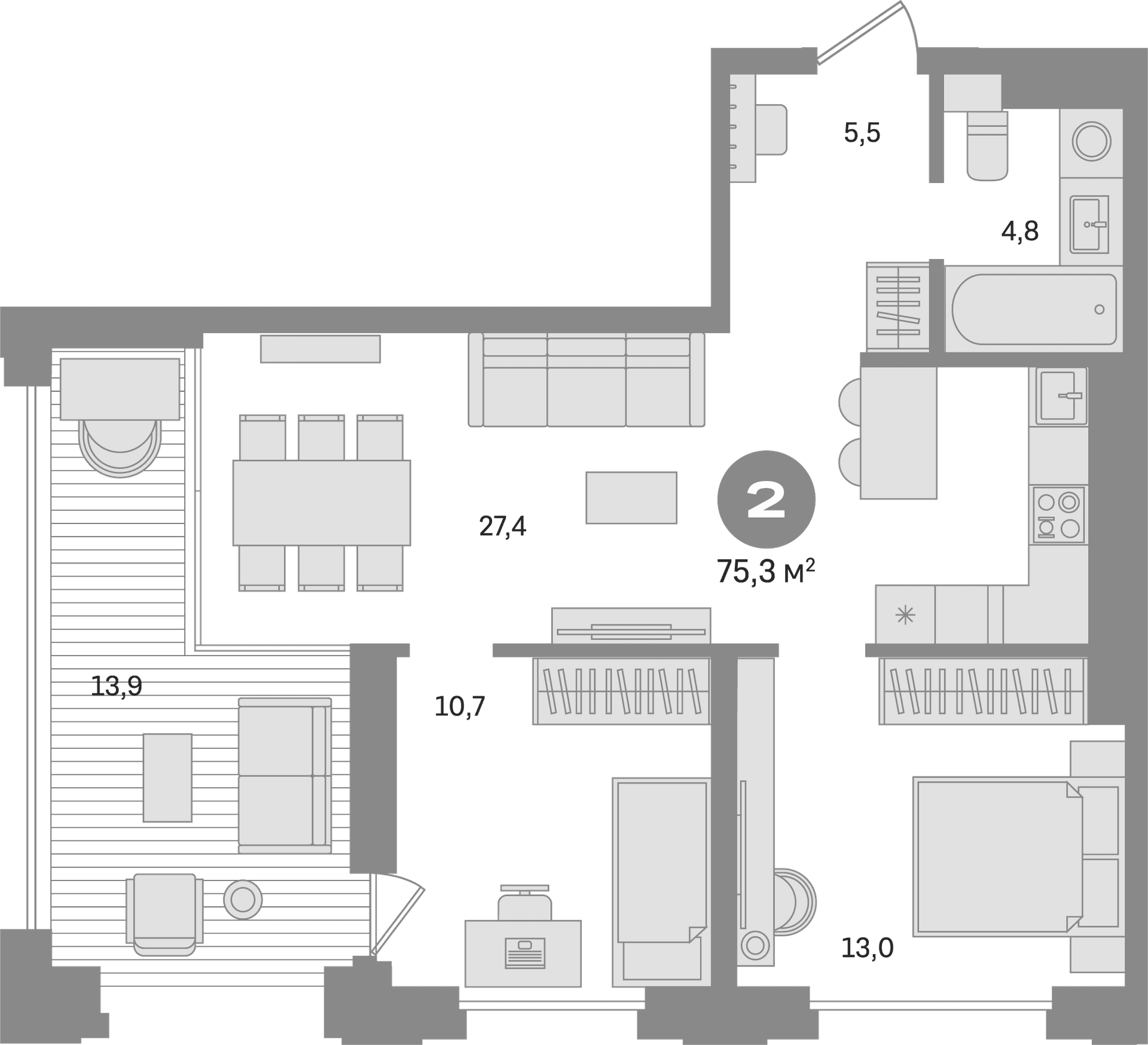 Планировка: 2-комнатная квартира 61,4 м² в ЖК «Квартал МОНС»