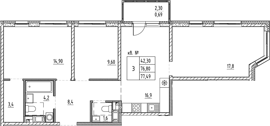 Планировка: Квартира евро-4 76,8 м² в ЖК «Плюс Пулковский»