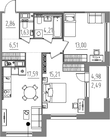 Планировка: Евротрёшка 61 м² в ЖК «Лиггат»