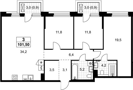 Планировка: Квартира евро-4 99,7 м² в ЖК «Хольм»