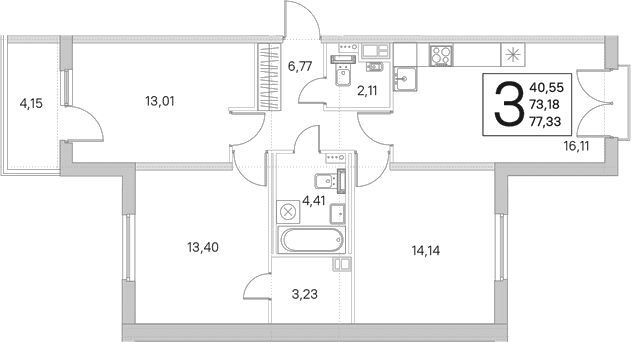 Планировка: Квартира евро-4 73,2 м² в ЖК «Любоград в Стрельне»