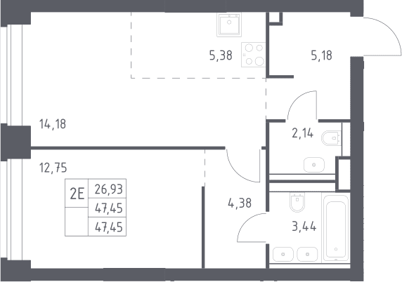 Планировка: Евродвушка 47,5 м² в ЖК «НОВА»