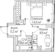 Планировка: 1-комнатная квартира 31,9 м² в ЖК «СЕЗАР БУДУЩЕЕ»