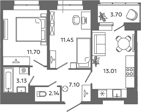 Планировка: Евротрёшка 48,5 м² в ЖК «Загляденье»