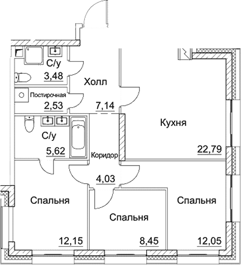 Планировка: Квартира евро-4 78,3 м² в ЖК «СЕЗАР СИТИ»