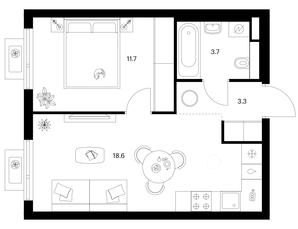 Планировка: 1-комнатная квартира 37,3 м² в ЖК «Белая Дача парк»