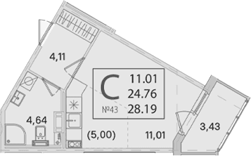 Планировка: Студия 24,8 м² в ЖК «Любоград в Стрельне»