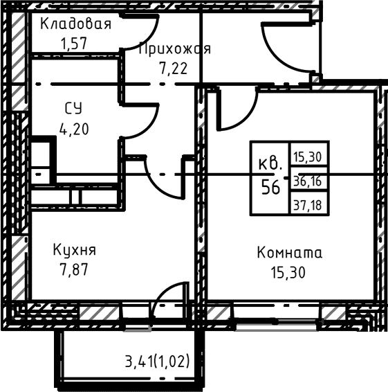 Планировка: 1-комнатная квартира 40 м² в ЖК «Высокий Берег»