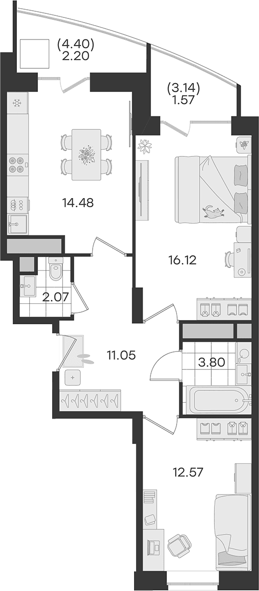 Планировка: 2-комнатная квартира 60,1 м² в ЖК «Новый Весенний»