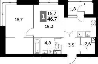 Планировка: Евродвушка 45,6 м² в ЖК «Скай Гарден»