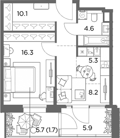 Планировка: Евродвушка 50,4 м² в ЖК «Станиславский»