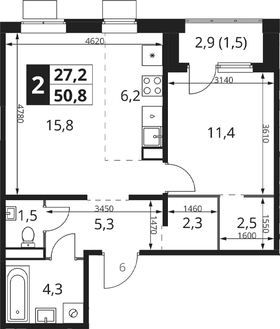 Планировка: Евродвушка 49,3 м² в ЖК «1-й Ясеневский»