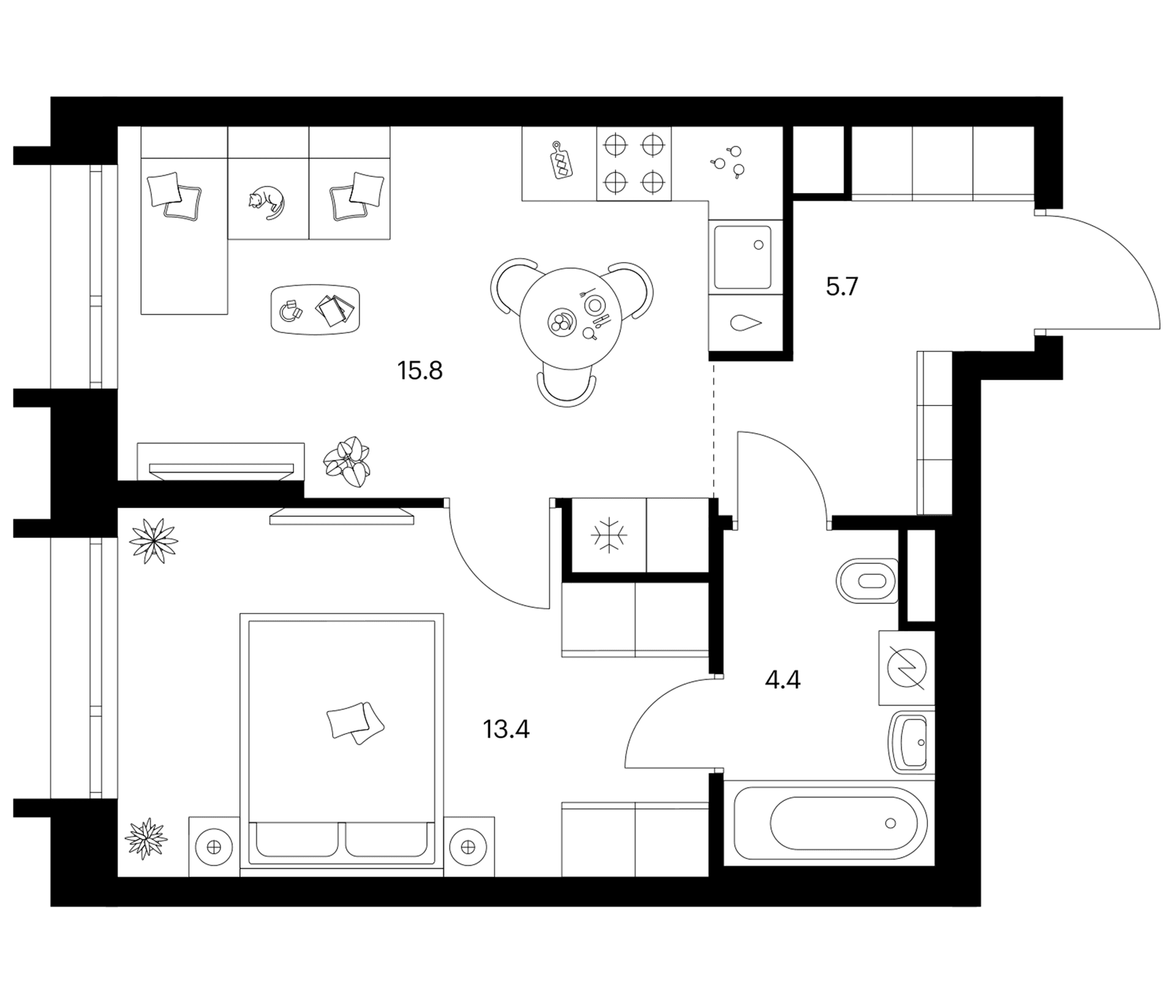 Планировка: 1-комнатная квартира 39,3 м² в ЖК «Зеленый парк»