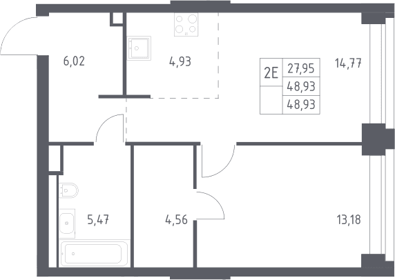 Планировка: Евродвушка 48,9 м² в ЖК «НОВА»