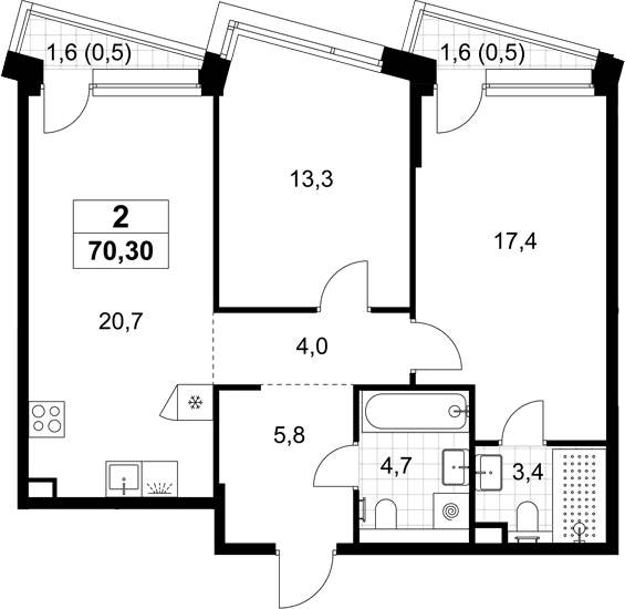 Планировка: Евротрёшка 69,3 м² в ЖК «Хольм»