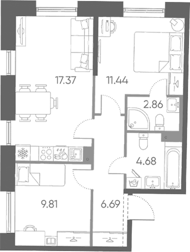 Планировка: Евротрёшка 52,9 м² в ЖК «Бульвар Грина»