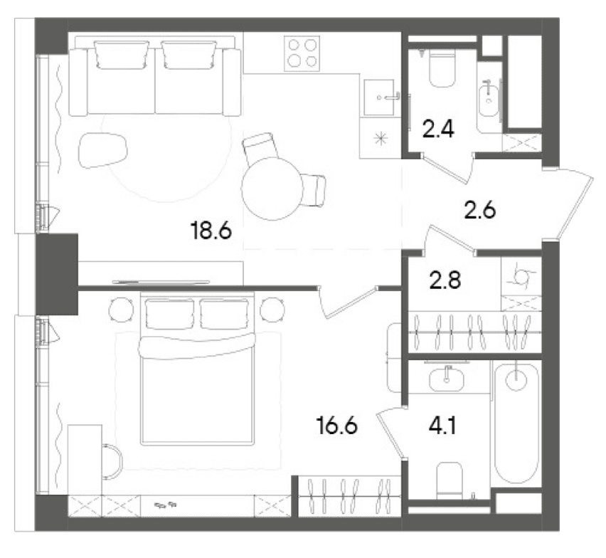 Планировка: Евродвушка 47,1 м² в ЖК «СТОУН Грэйн»