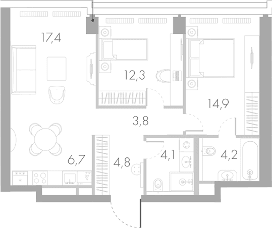 Планировка: Евротрёшка 68,2 м² в ЖК «Ривер Парк Кутузовский»
