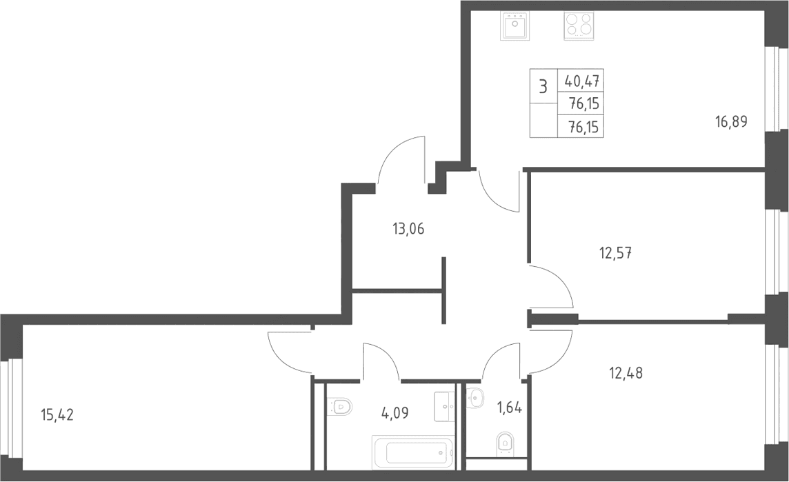 Планировка: 3-комнатная квартира 76,2 м² в ЖК «Квартал Строгино»