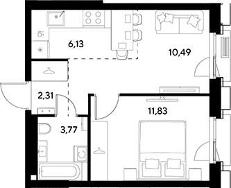 Планировка: Евродвушка 34,5 м² в ЖК «ЭВО»