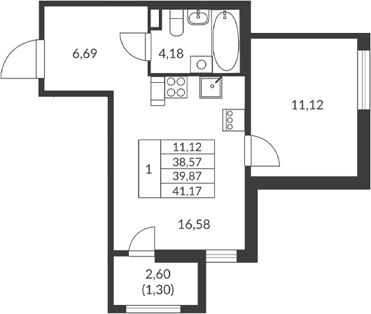 Планировка: 1-комнатная квартира 38,6 м² в ЖК «Амурино»