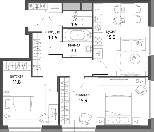 Планировка: 2-комнатная квартира 58 м² в ЖК «Сиреневый парк»