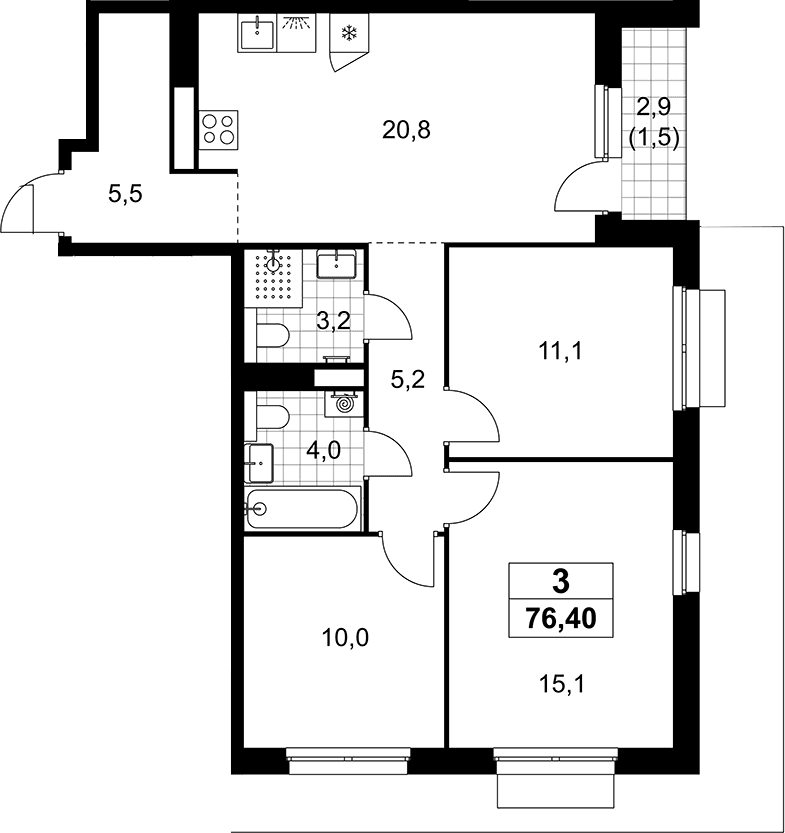 Планировка: Квартира евро-4 74,9 м² в ЖК «Деснаречье»