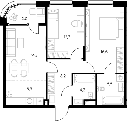 Планировка: Евротрёшка 68,2 м² в ЖК «Адмирал»