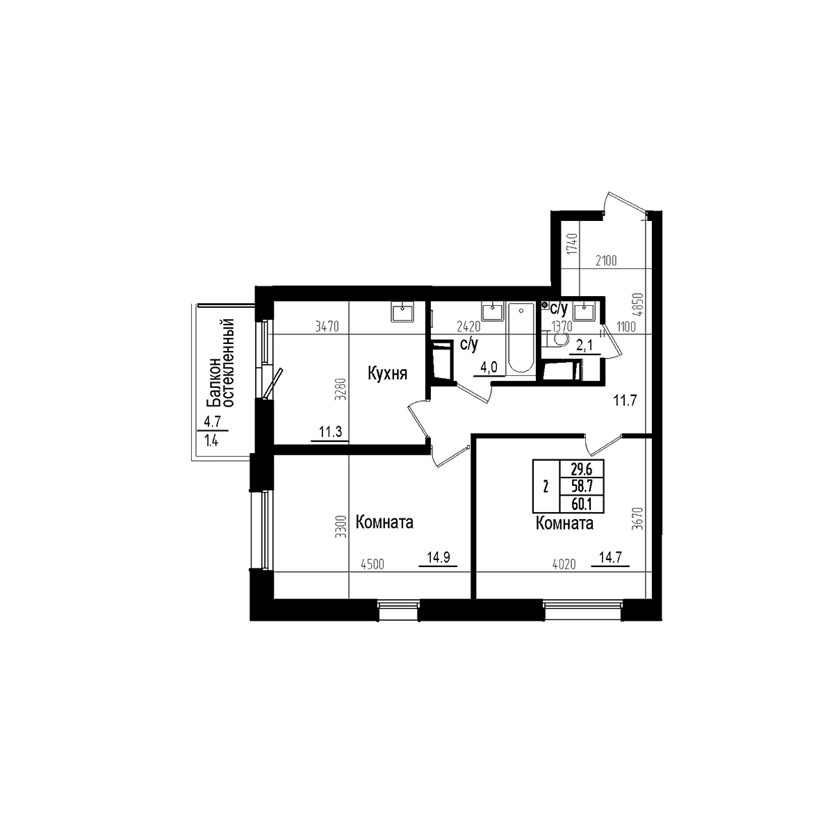 Планировка: 2-комнатная квартира 58,7 м² в ЖК «Прагма Сити»